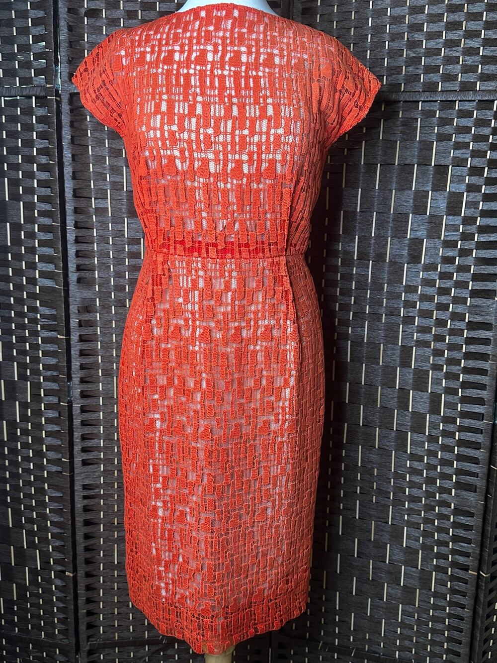 Lela Rose Bright Orange Geometric Lace Sheath Dress - Cap Sleeve, V-Back